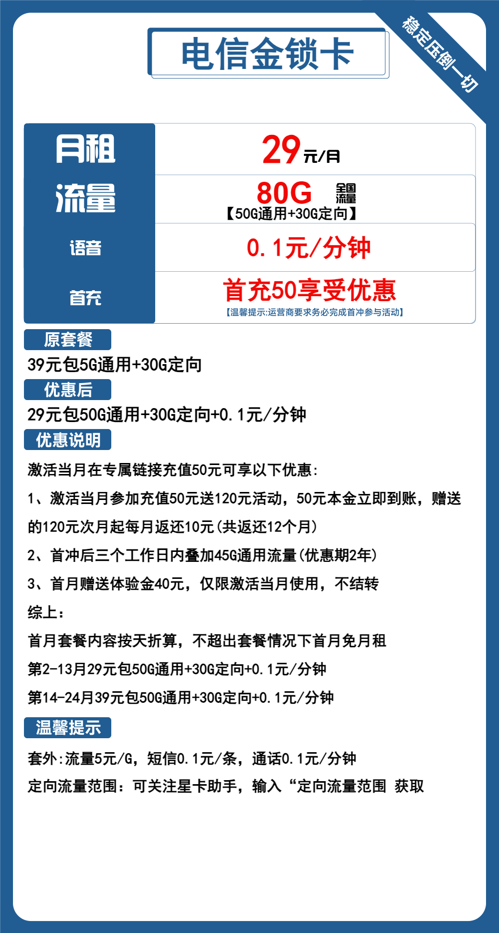 电信金锁卡29元/月：80G流量+通话0.1元/分钟（两年套餐）