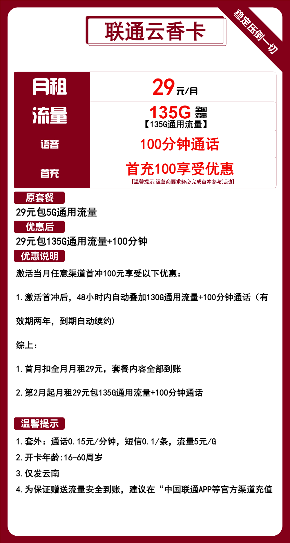 联通云香卡29元/月：135G流量+100分钟通话（长期套餐，仅发云南省内，可选号）