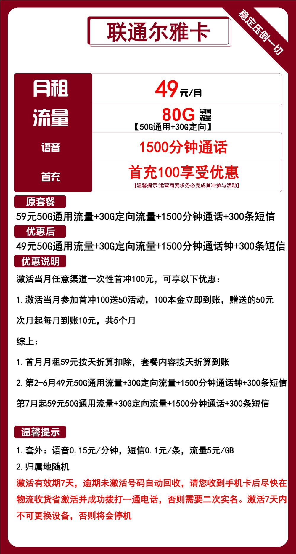 联通尔雅卡49元/月：80G流量+1500分钟通话（第7个月起59元月租，长期套餐，大通话）