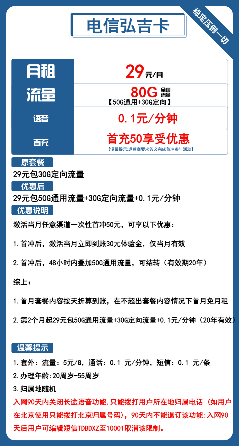 电信弘吉卡29元/月：80G流量+通话0.1元/分钟（长期套餐，流量可结转）