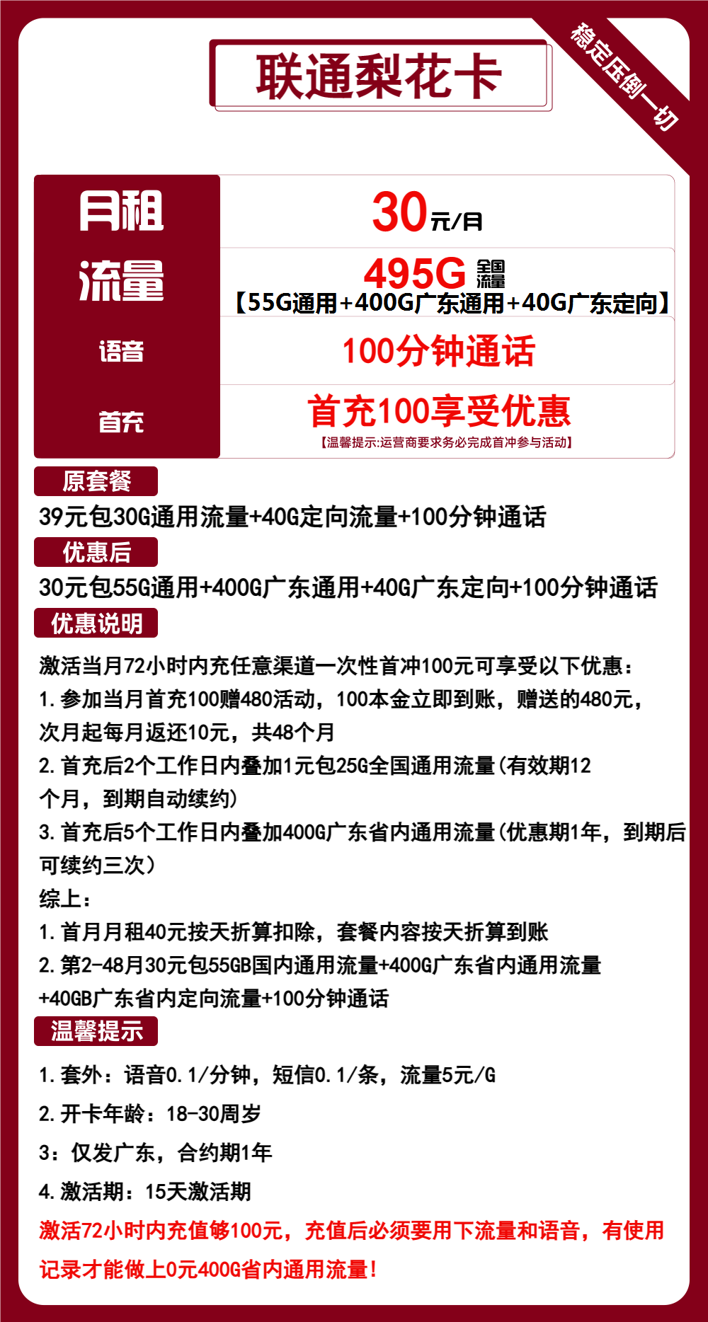 联通梨花卡30元/月：495G流量+100分钟通话（4年套餐，大流量卡，仅发广东省内）