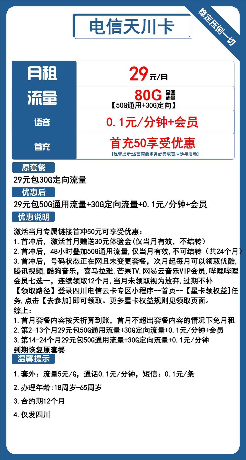电信天川卡29元/月：80G流量+通话0.1元/分钟+会员（送1年会员，仅发四川省内，收货地为归属地）
