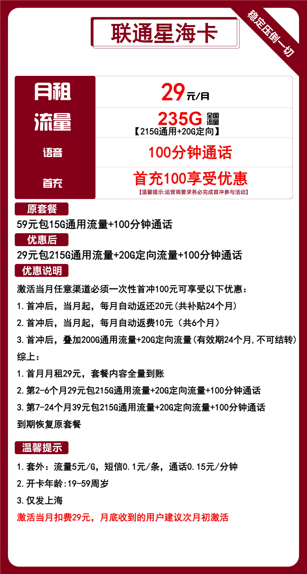 联通星海卡29元/月：235G流量+100分钟通话（第7个月起39元月租，2年套餐，仅发上海市内）