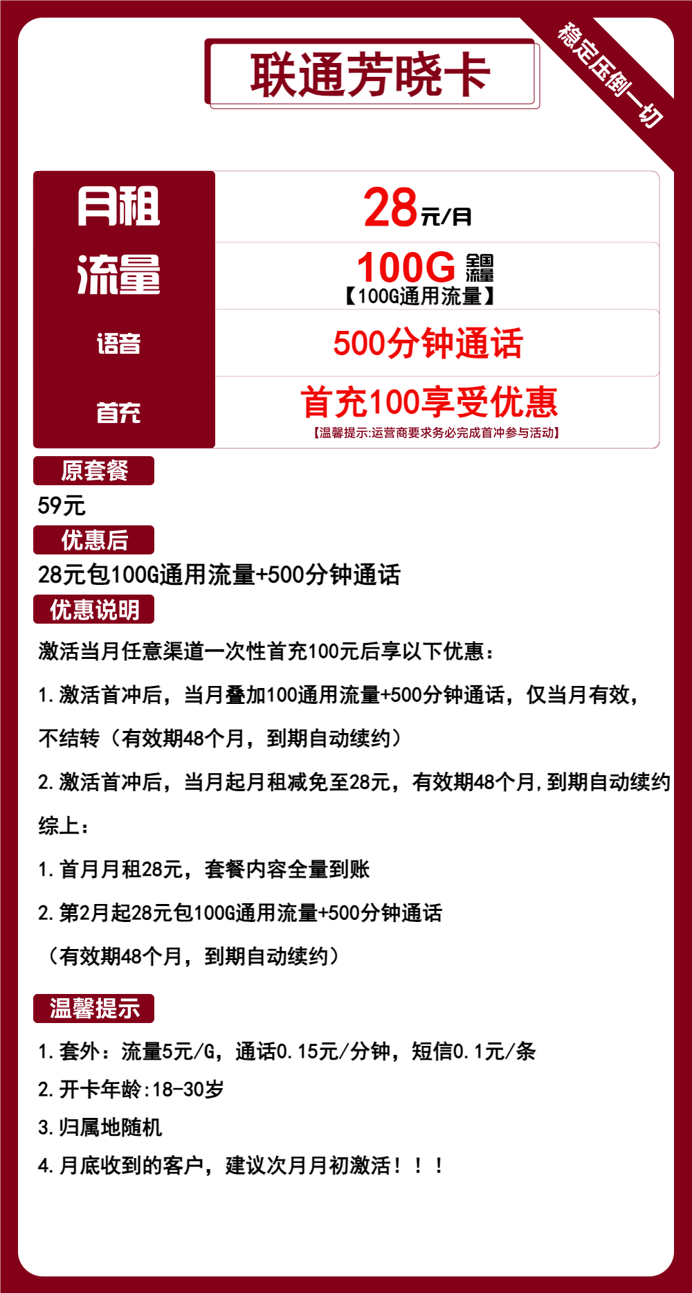 联通芳晓卡①28元/月：100G流量+500分钟通话（长期套餐，仅发浙江省内）