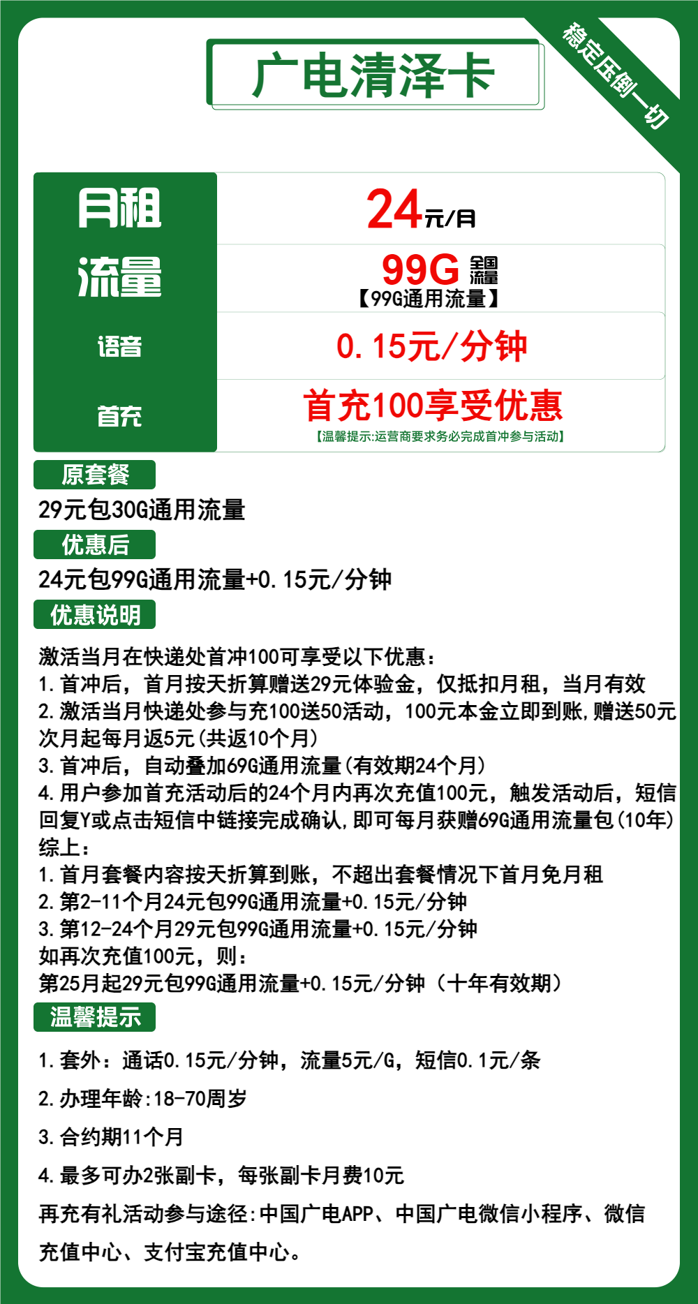 广电清泽卡24元/月：99G流量+通话0.15元/分钟（第12个月起29元月租，长期套餐，流量可结转，收货地为归属地，可选号）