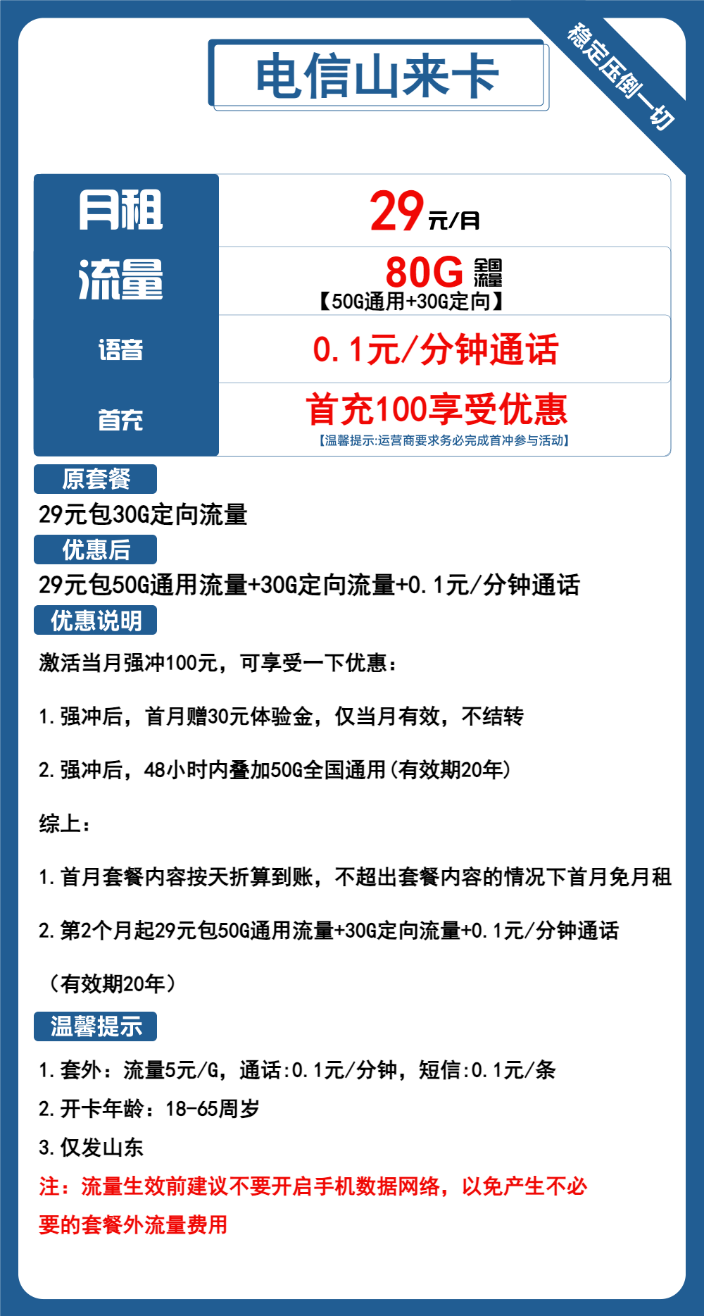 电信山来卡29元/月：80G流量+通话0.1元/分钟（长期套餐，仅发山东省内，可选号）