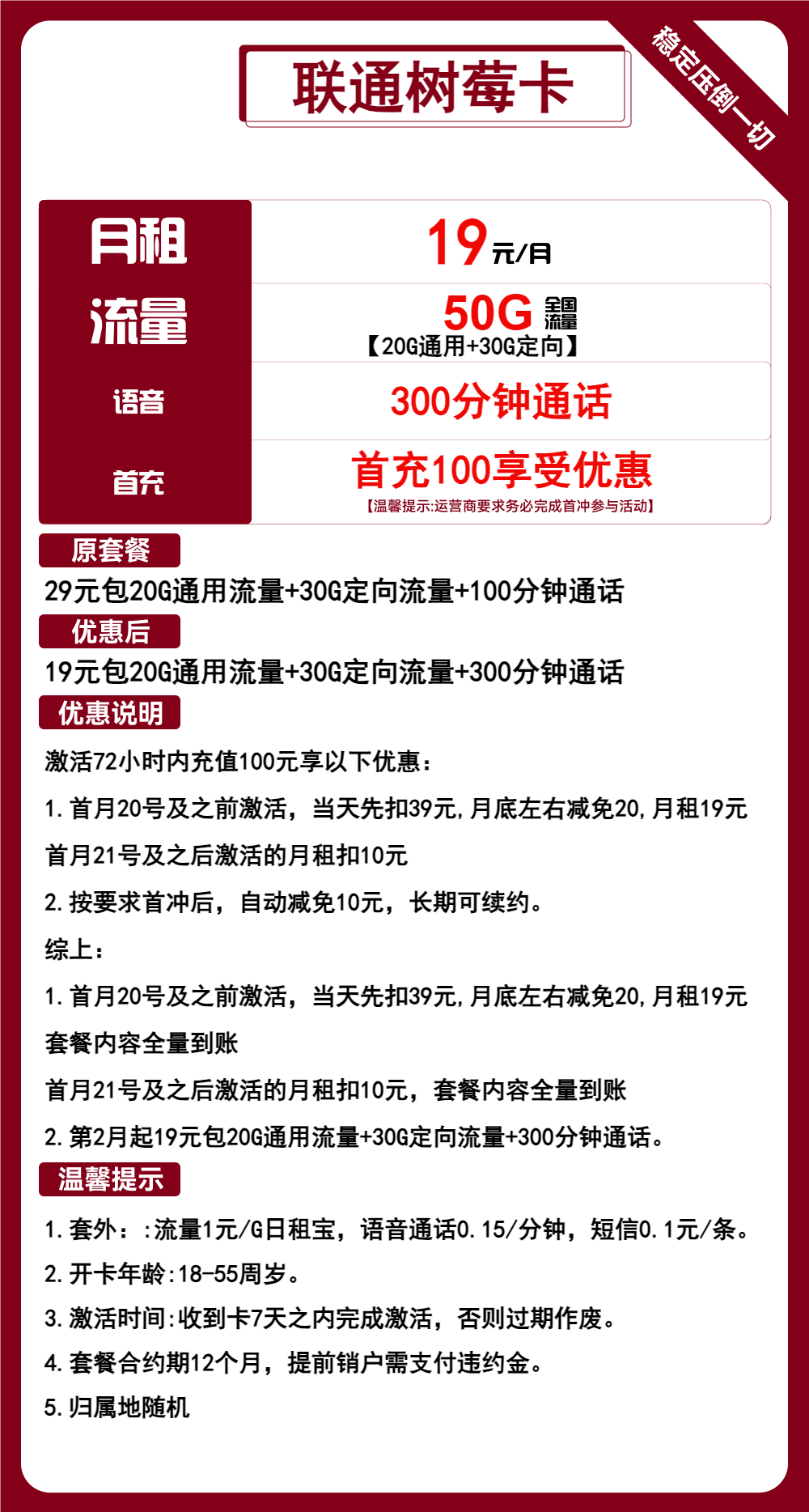 联通树莓卡19元/月：50G流量+300分钟通话（长期套餐）