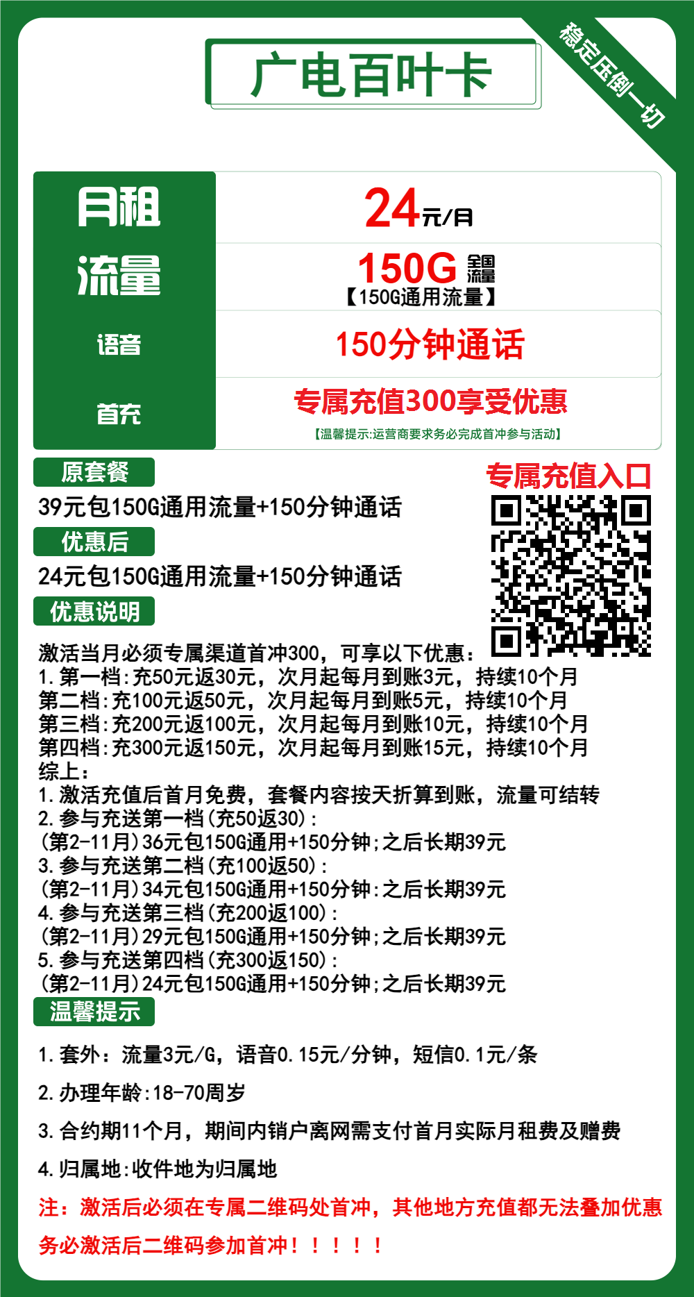 广电百叶卡24元/月：150G流量+150分钟通话（第12个月起39元月租，长期套餐，流量可结转，收货地为归属地）
