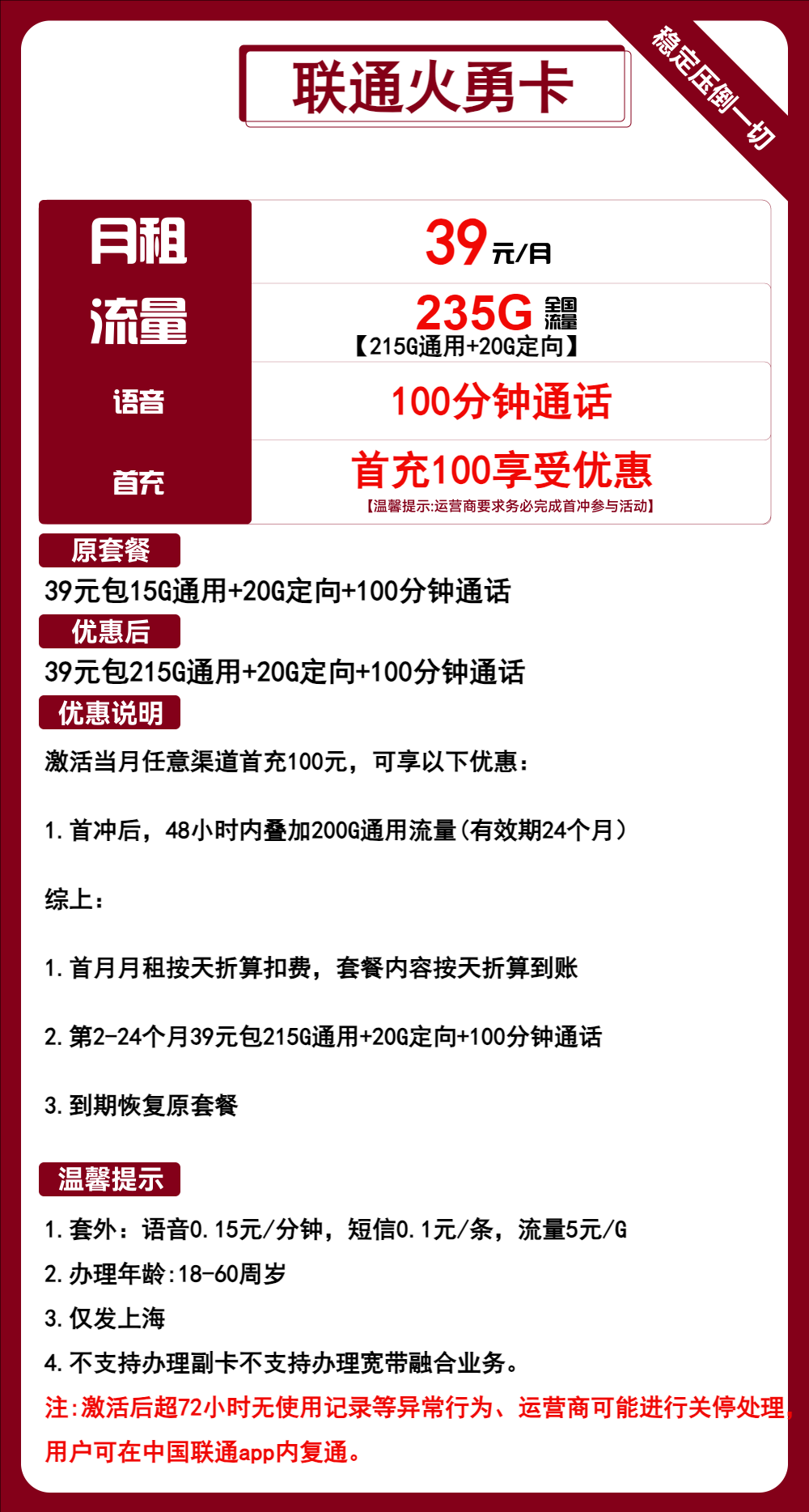 联通火勇卡39元/月：235G流量+100分钟通话（2年套餐，大流量卡，仅发上海市内，可选号）