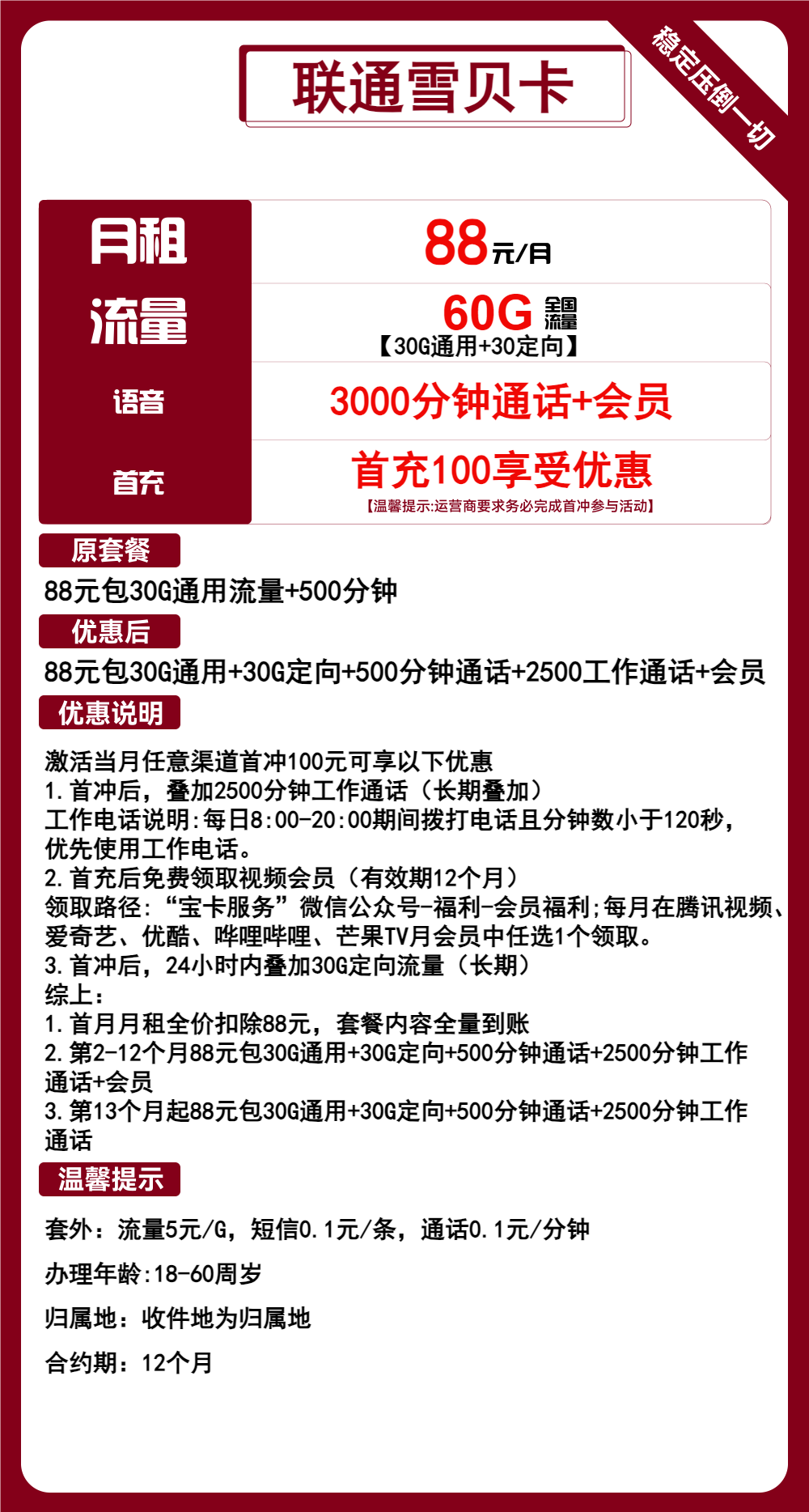联通雪贝卡88元/月：60G流量+3000分钟通话+会员（长期套餐，送1年视频会员，收货地为归属地，可选号）