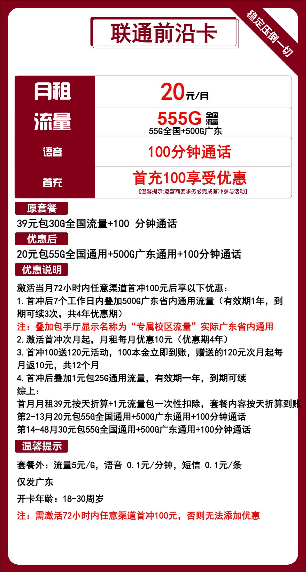 联通前沿卡20元/月：555G流量+100分钟通话（第14个月起30元月租，4年套餐，超大流量，仅发广东省内）