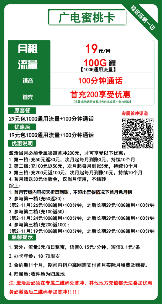 广电蜜桃卡19元/月：100G流量+100分钟通话（第12个月起29元月租，长期套餐，流量可结转，收货地为归属地）