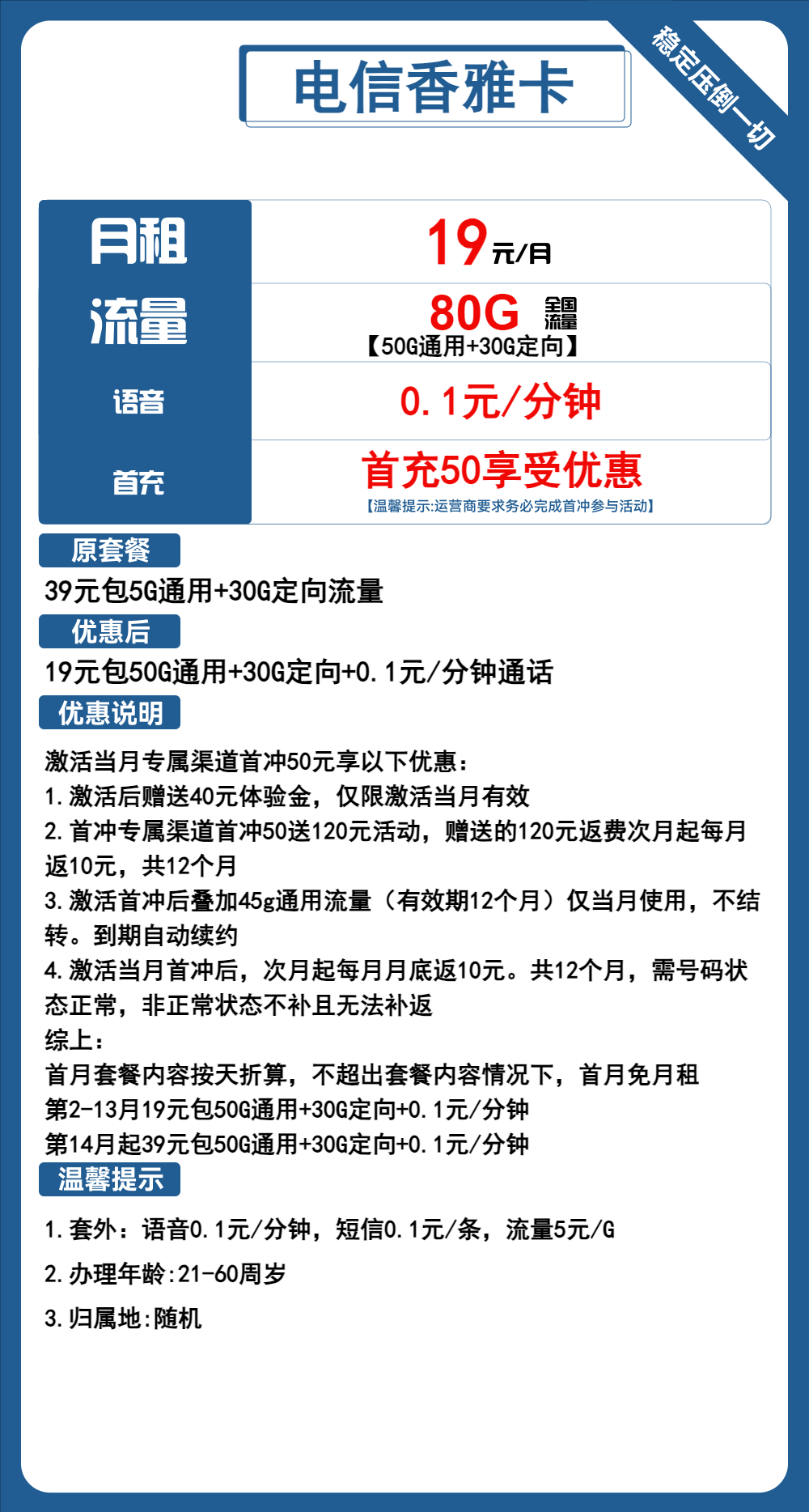 电信香雅卡19元/月：80G流量+通话0.1元/分钟（长期套餐）
