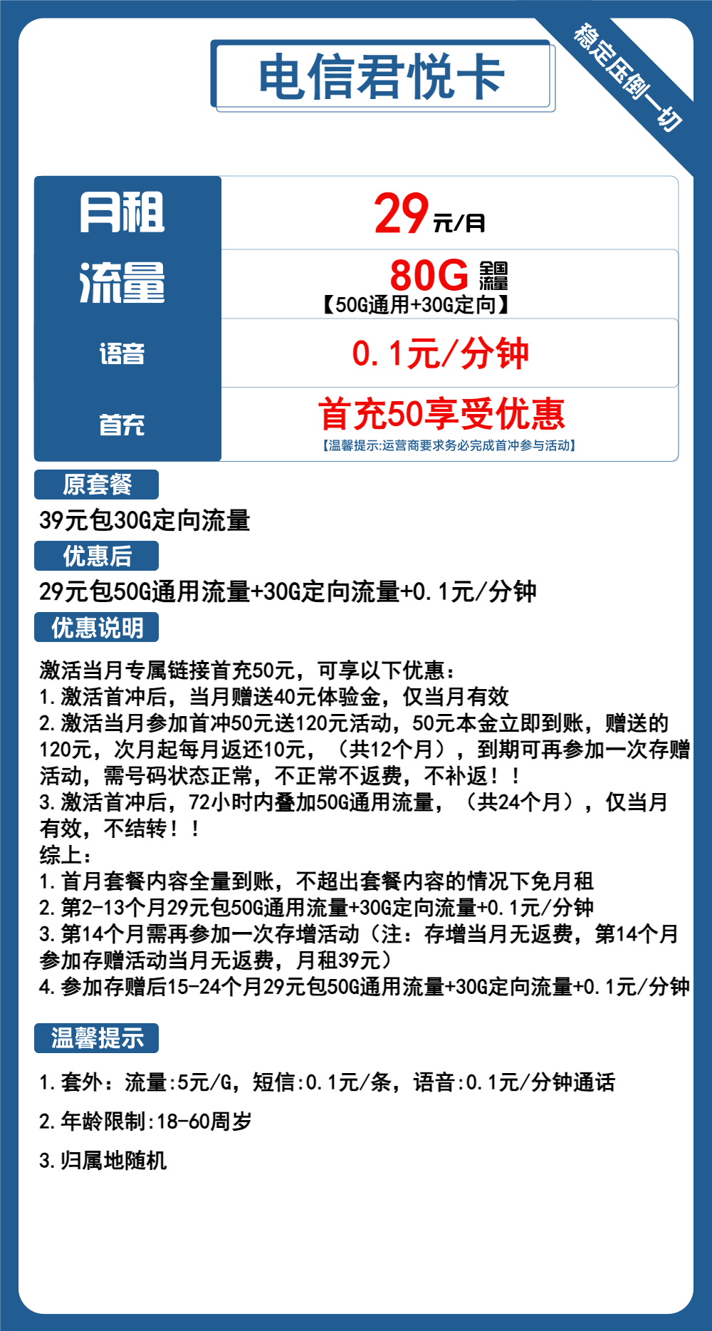 电信君悦卡29元/月：80G流量+通话0.1元/分钟（2年套餐）