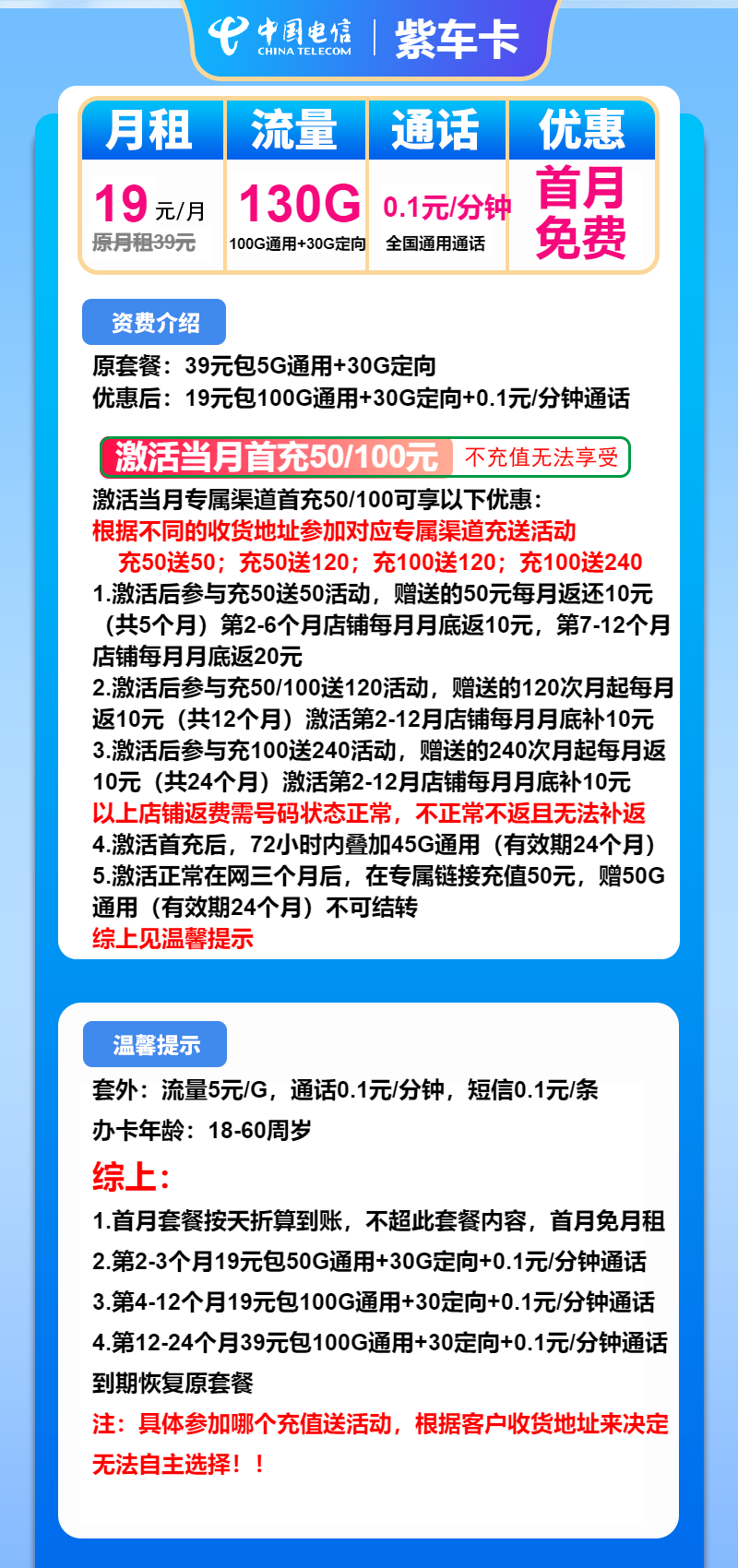 电信紫车卡19元/月：130G流量+通话0.1元/分钟（第 12个月起39元月租，2年套餐）