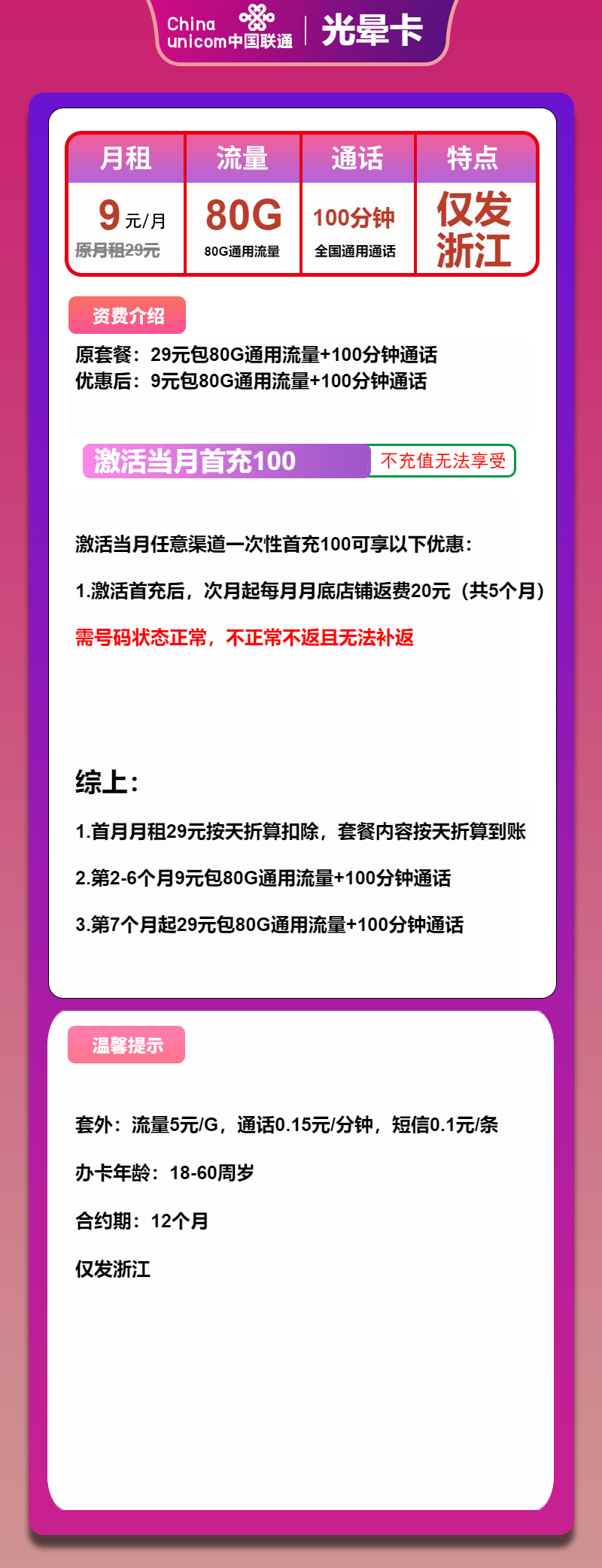 联通光晕卡9元/月：80G流量+100分钟通话（第7个月起29元月租，长期套餐，仅发浙江省内）