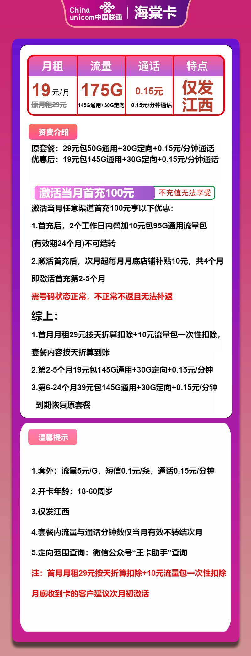 联通海棠卡19元/月：175G流量+通话0.1元/分钟（第6个月起39元月租，大流量卡，仅发江西省内）