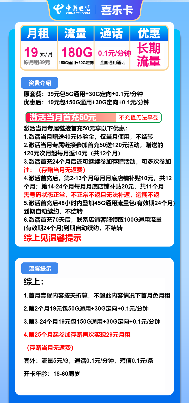 电信喜乐卡19元/月：180G流量+通话0.1元/分钟（第25个月起29元月租，长期套餐）