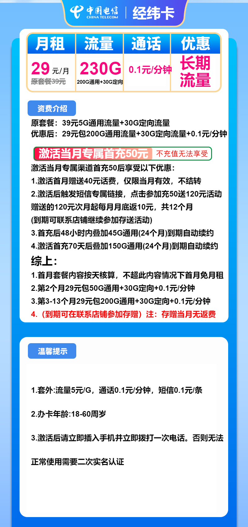电信经纬卡①29元/月：230G流量+通话0.1元/分钟（长期套餐）