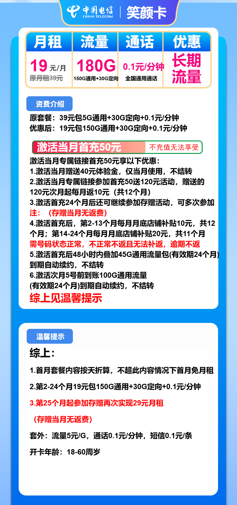 电信笑颜卡19元/月：180G流量+通话0.1元/分钟（第25个月起29元月租，长期套餐）