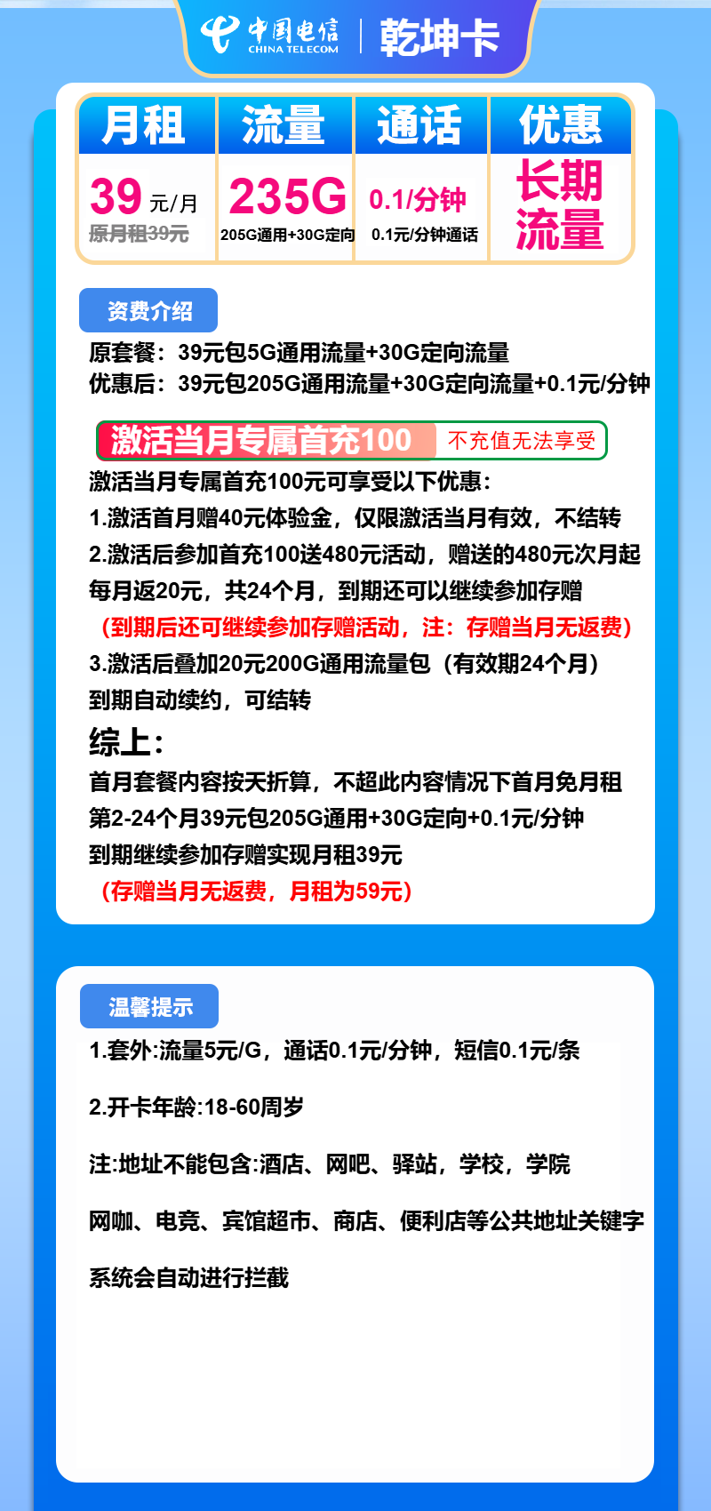 电信乾坤卡39元/月：235G流量+通话0.1元/分钟（长期套餐）