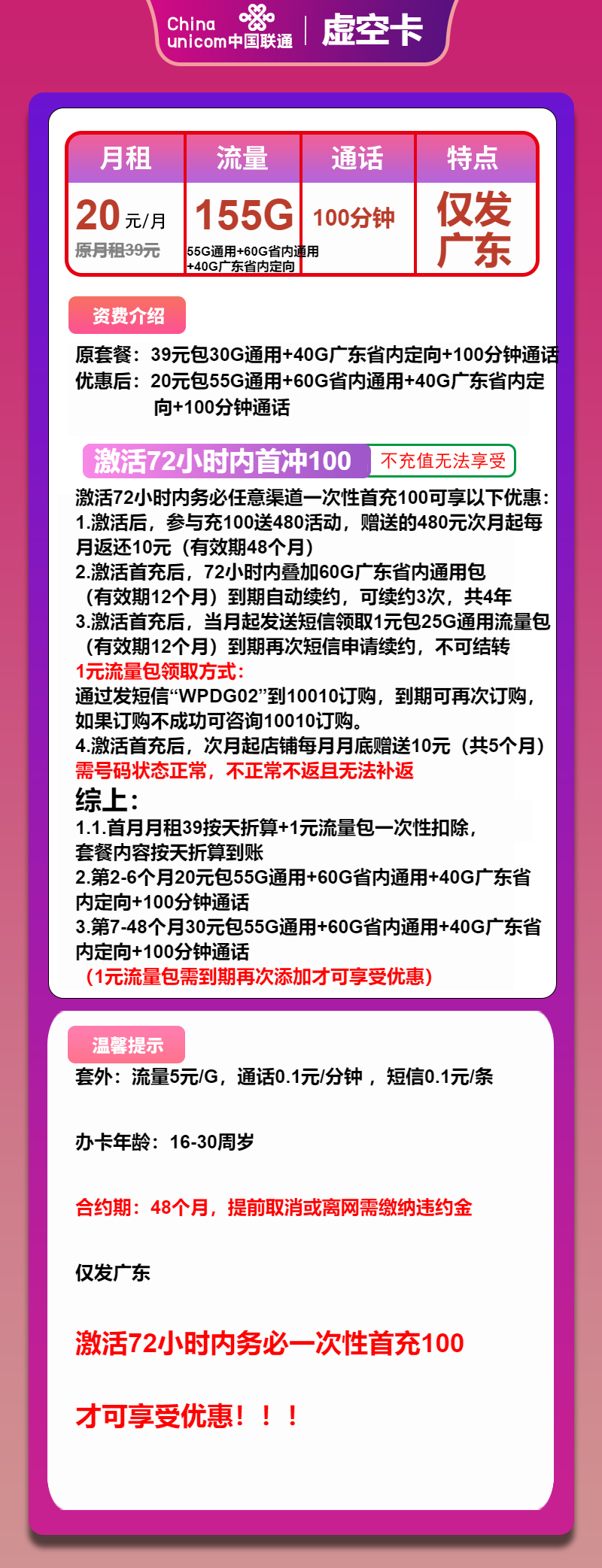 联通虚空卡20元/月：155G流量+100分钟通话（第7个月起30元月租，4年套餐，仅发广东省内）