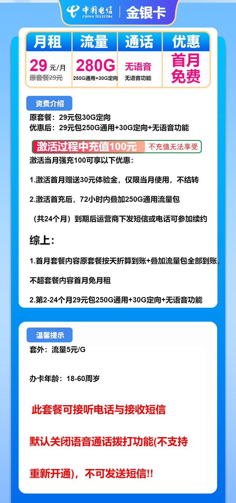 电信金银卡29元/月：280G流量+无语音功能（长期套餐）