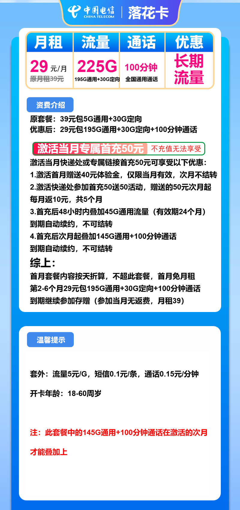 电信落花卡29元/月：225G流量+100分钟通话（长期套餐）