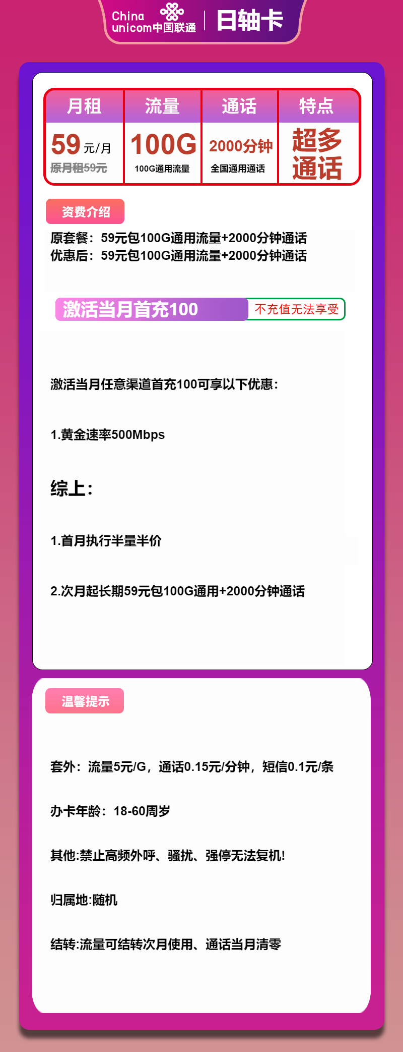 联通日轴卡59元/月：100G流量+2000分钟通话（长期套餐，流量可结转，5G速率）