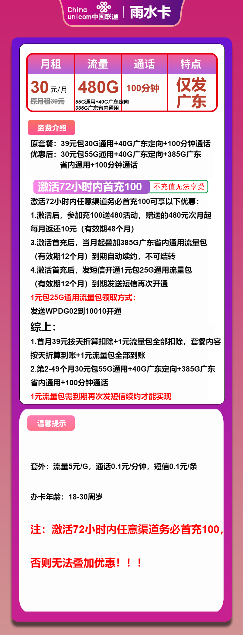 联通雨水卡30元/月：480G流量+100分钟通话（4年套餐，仅发广东省内）