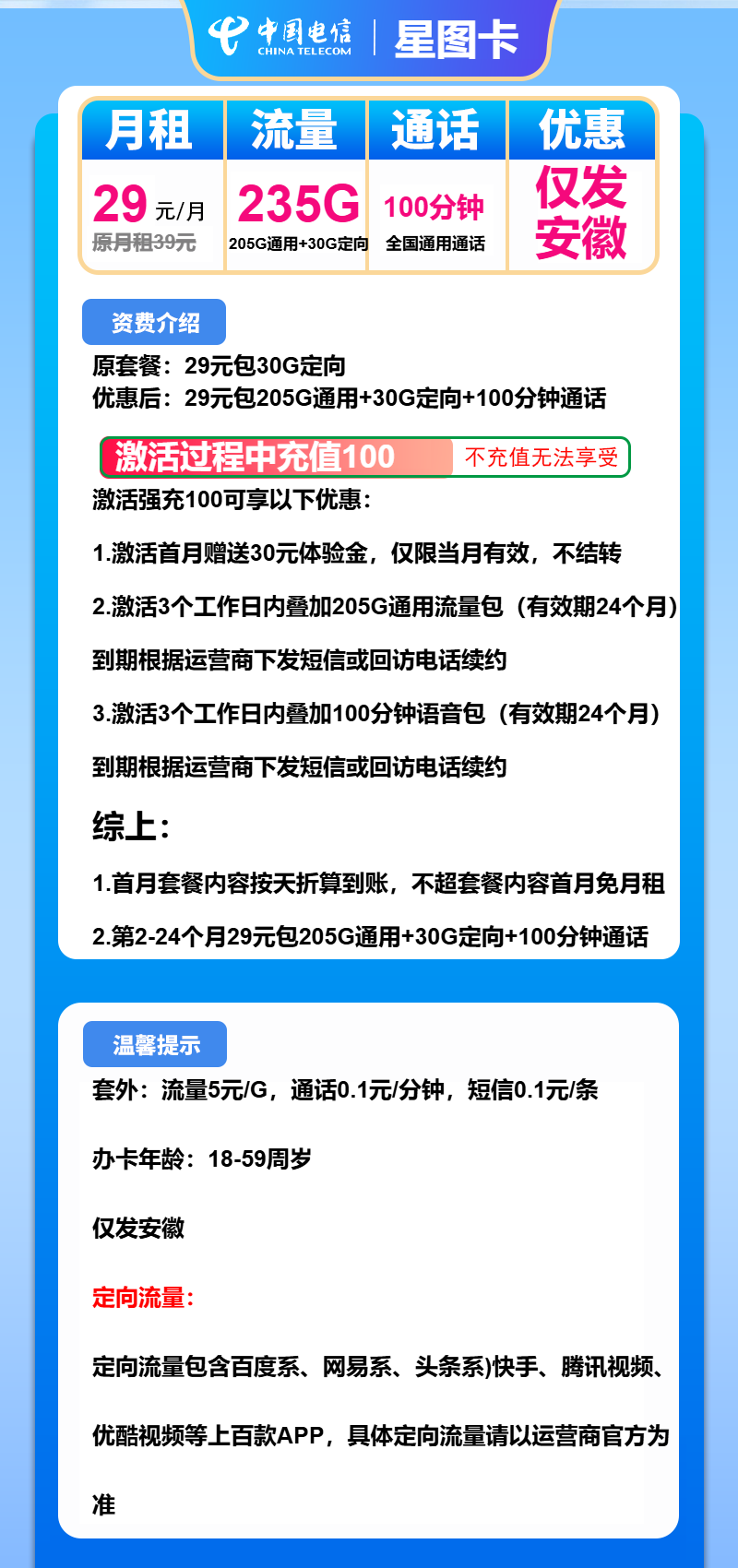 电信星图卡29元/月：235G流量+100分钟通话（长期套餐，仅发安徽省内）