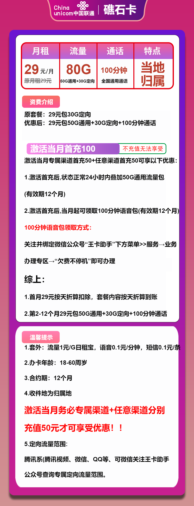 联通礁石卡①29元/月：80G流量+100分钟通话（收货地为归属地，可选号）