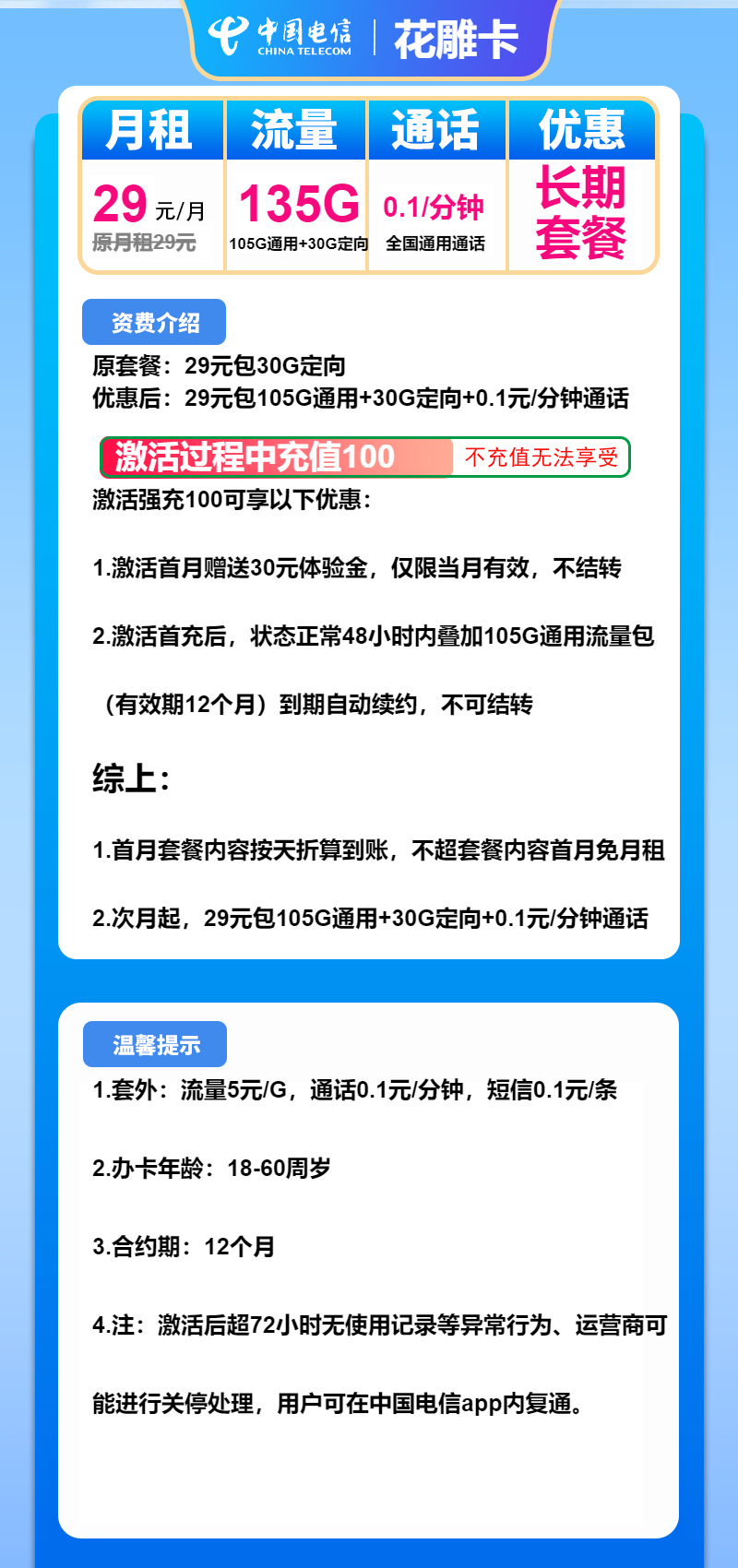 电信花雕卡②29元/月：135G流量+通话0.1元/分钟（长期套餐）