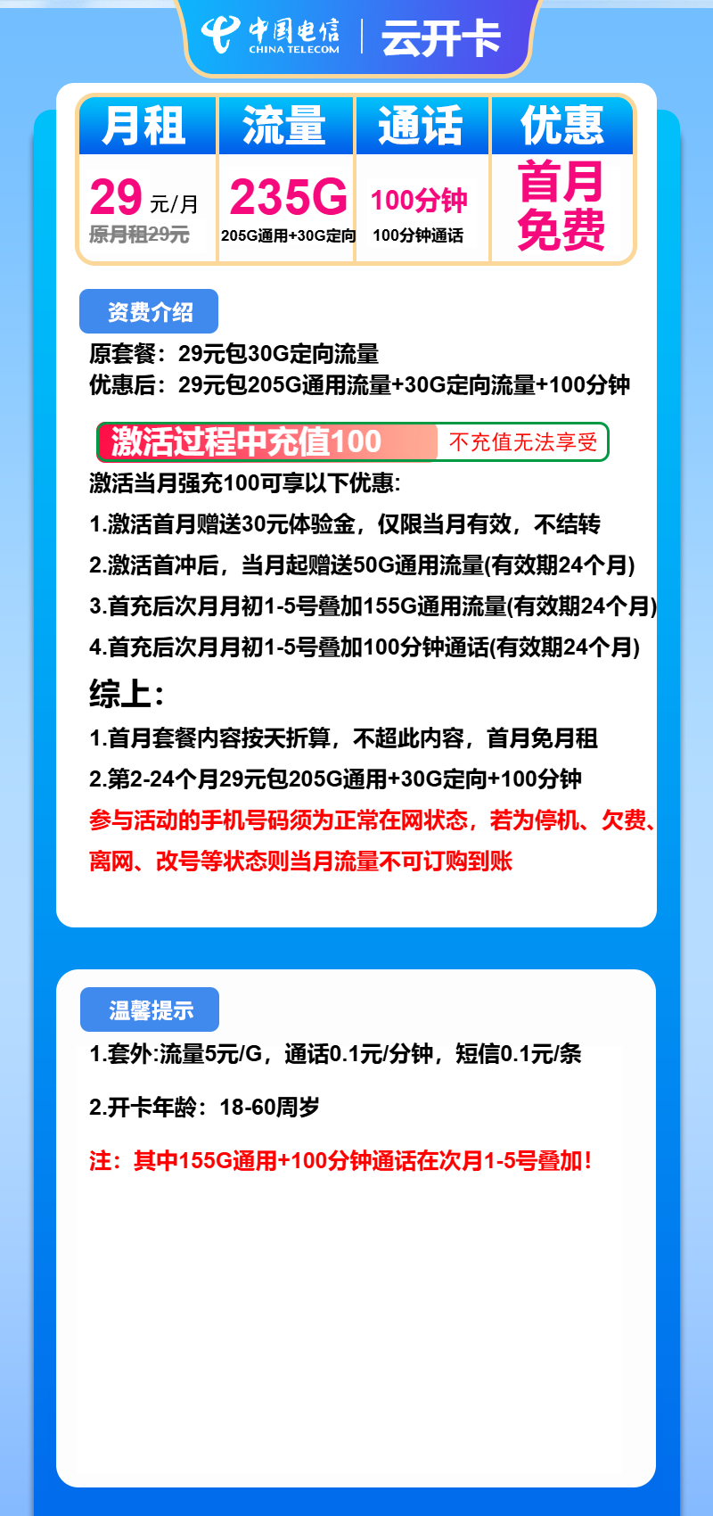 电信云开卡29元/月：235G流量+100分钟通话