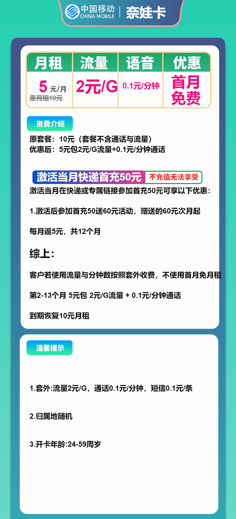 移动奈娃卡5元/月：2元/G+通话0.1元/分钟