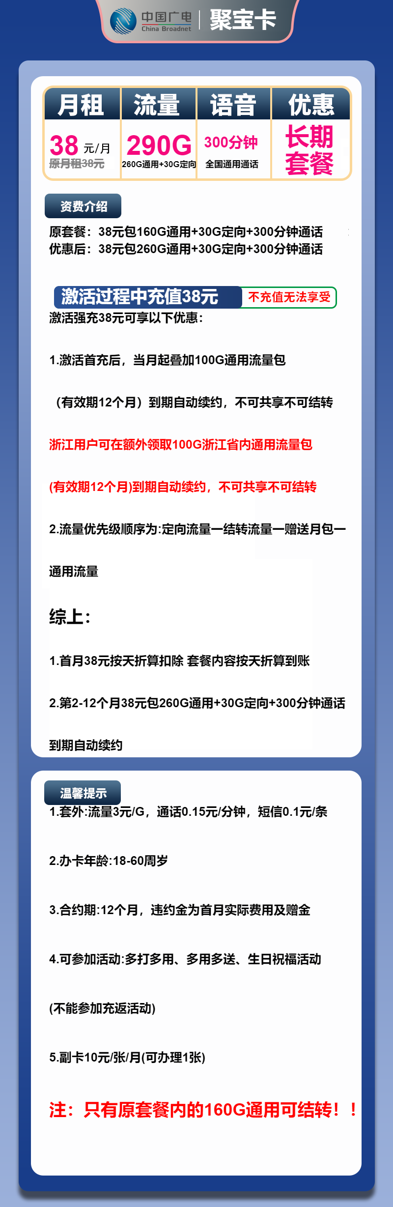 广电聚宝卡38元/月：290G流量+300分钟通话（长期套餐）