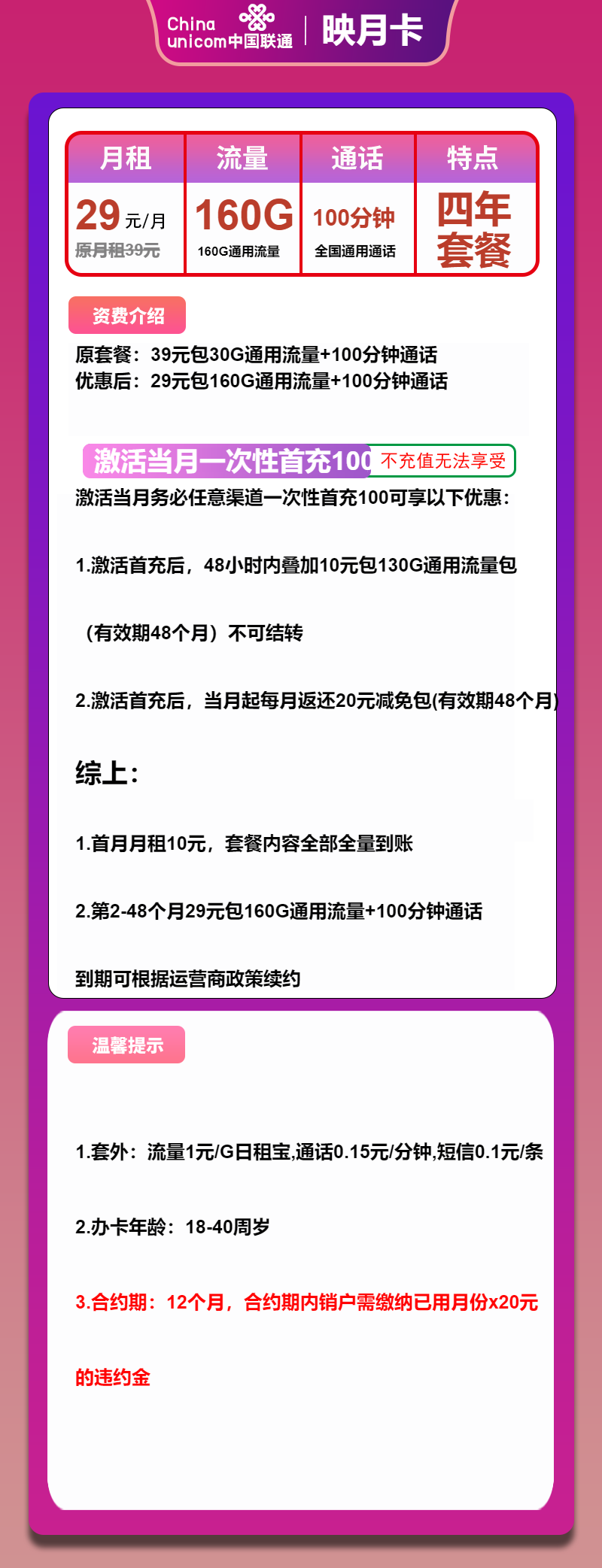 联通映月卡29元/月：160G流量+100分钟通话