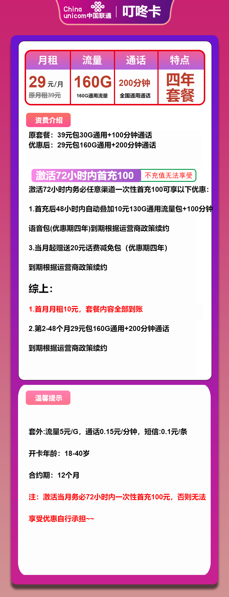 联通叮咚卡29元/月：160G流量+200分钟通话