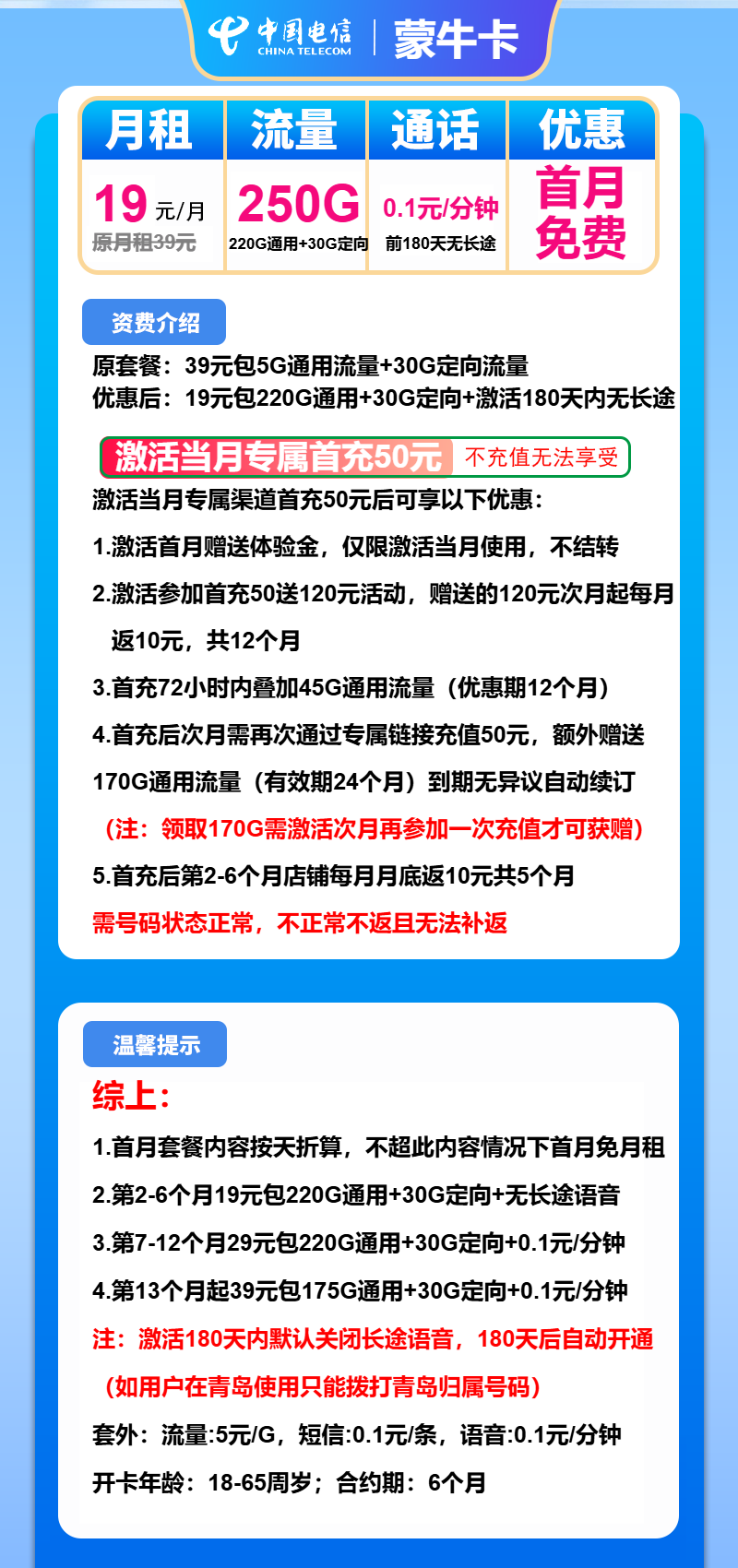 电信蒙牛卡19元/月：250G流量+通话0.1元/分钟（第7个月起29元月租，第13个月起39元月租，长期套餐）