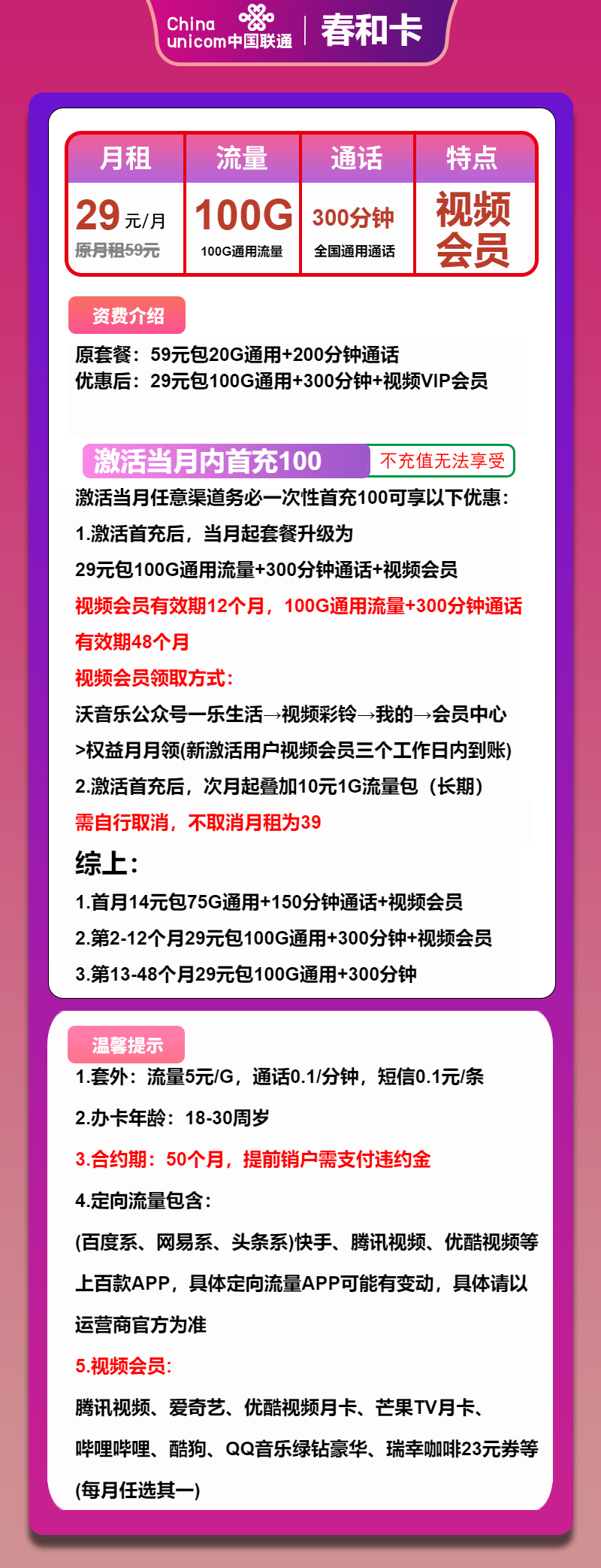 联通春和卡29元/月：100G流量+300分钟通话+视频会员（4年套餐，送1年视频会员）