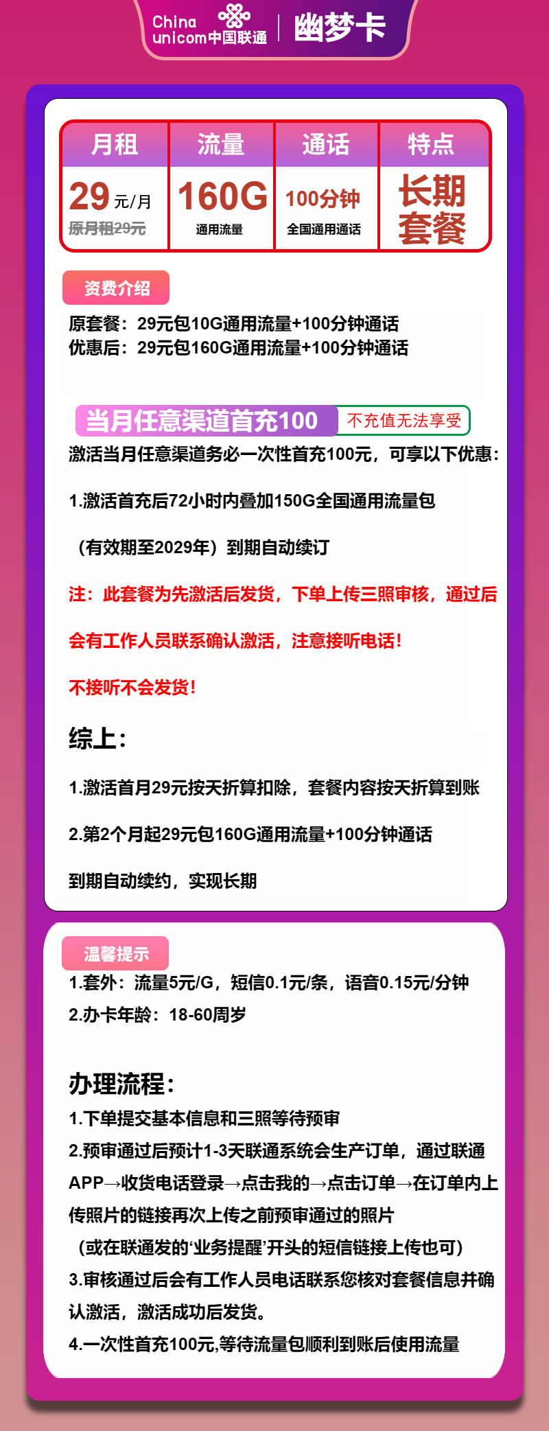 联通幽梦卡29元/月：160G流量+100分钟通话（长期套餐，先激活首充100元再发货）