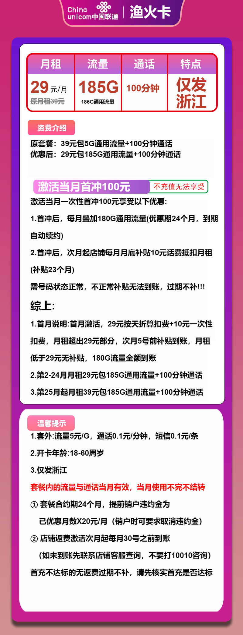 联通渔火卡29元/月：185G流量+100分钟通话（第25个月起39元月租，长期套餐，大流量卡，仅发浙江省内）