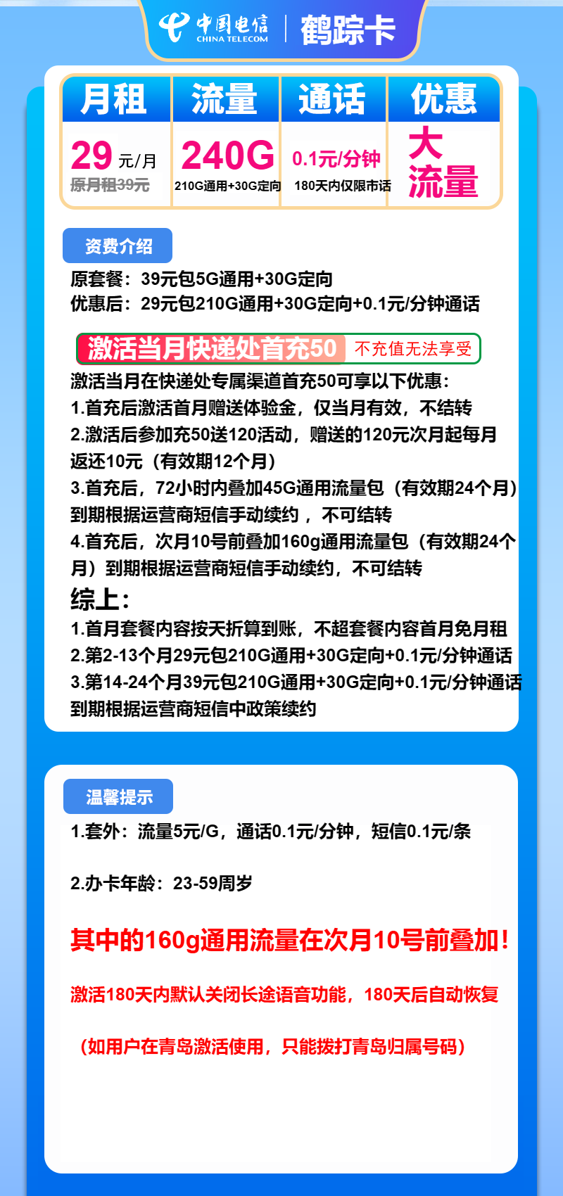 电信鹤踪卡29元/月：240G流量+通话0.1元/分钟（第14个月起39元月租）