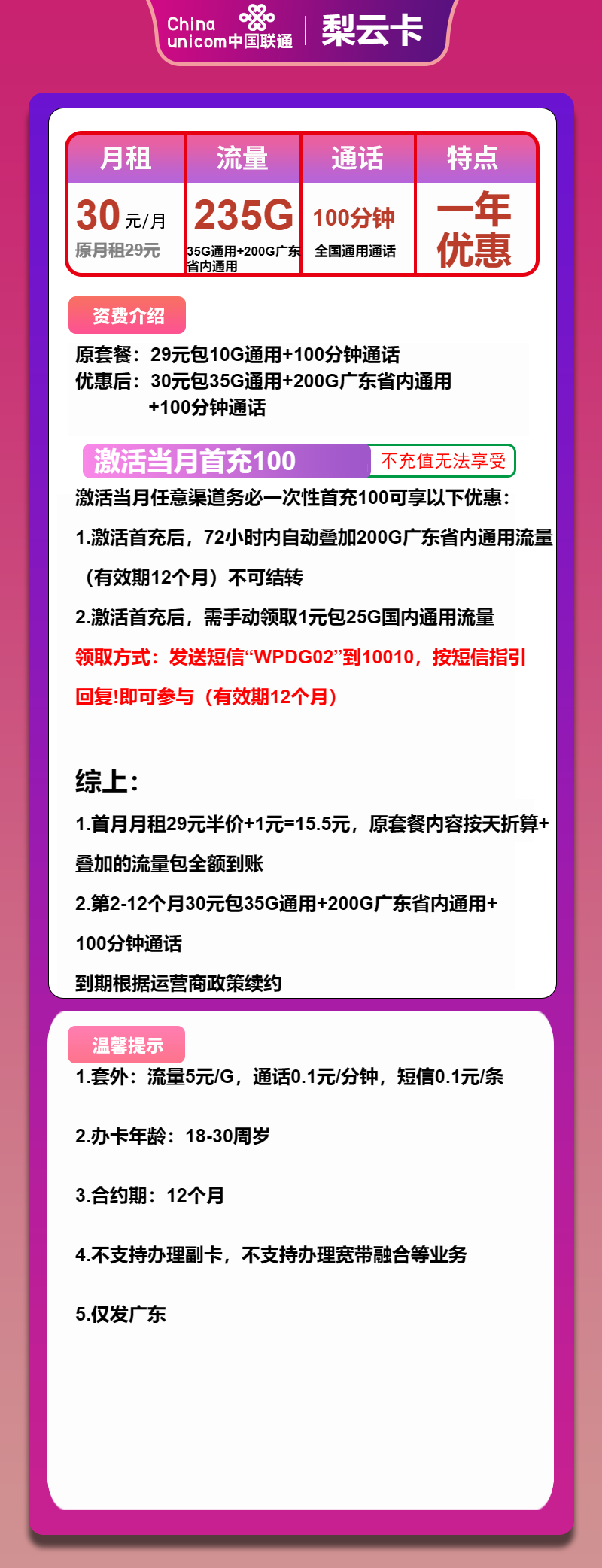 联通梨云卡②30元/月：235G流量+100分钟通话（仅发广东省内，可选号）