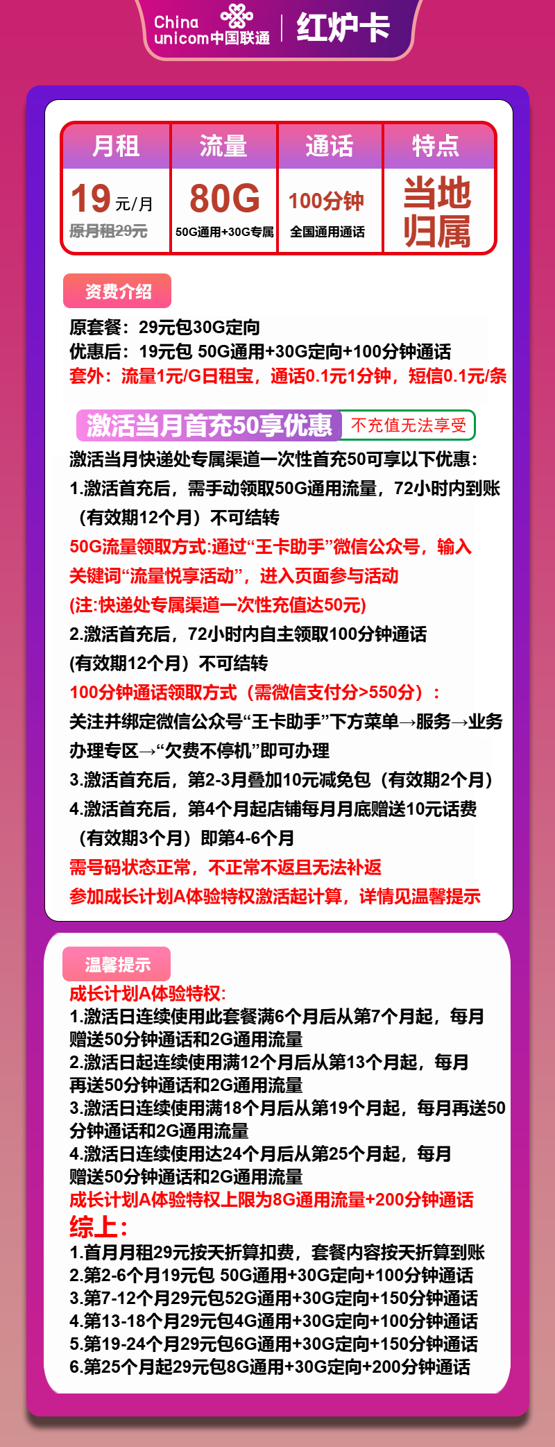 联通红炉卡19元/月：80G流量+100分钟通话（收货地为归属地）