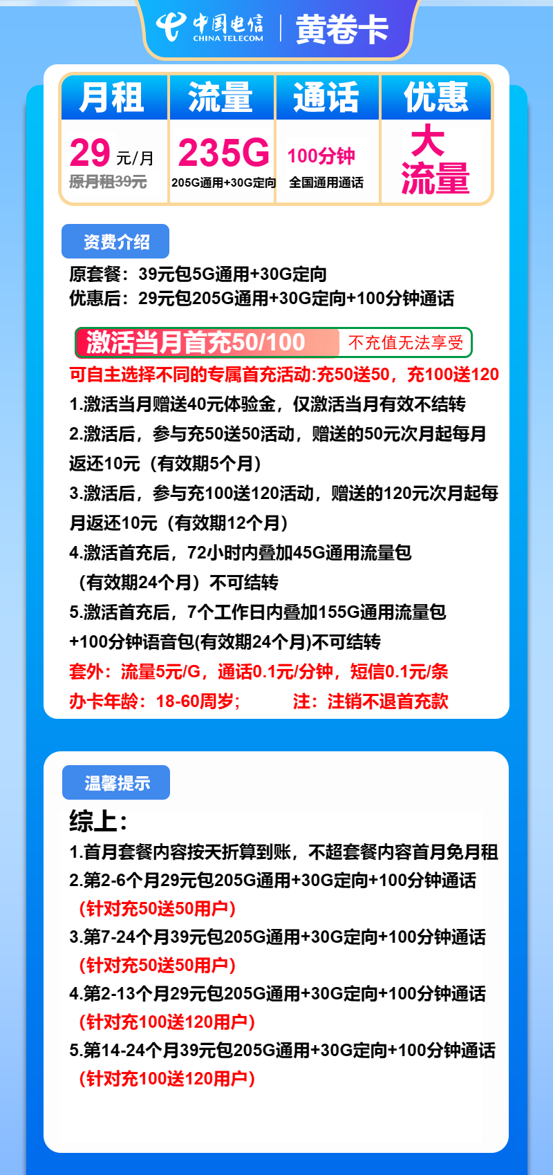 电信黄卷卡29元/月：235G流量+100分钟通话