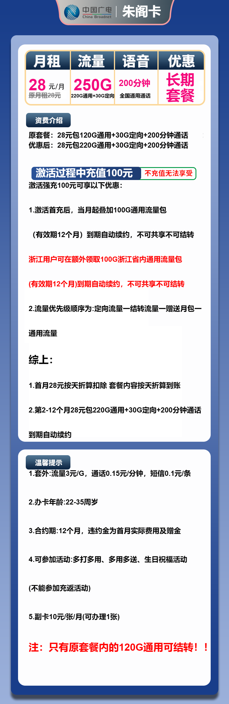 广电朱阁卡28元/月：250G流量+200分钟通话（长期套餐）