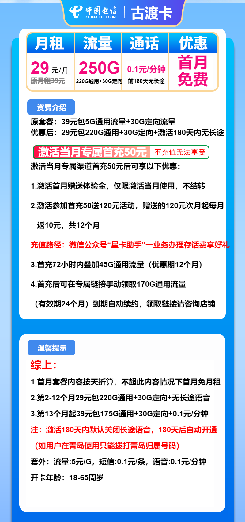 电信古渡卡29元/月：250G流量+通话0.1元/分钟（第13个月起39元月租，长期套餐）