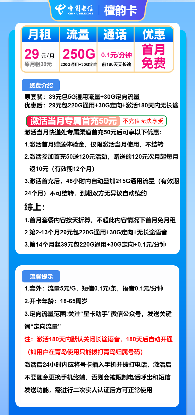 电信檀韵卡29元/月：250G流量+通话0.1元/分钟（第13个月起39元月租，长期套餐）