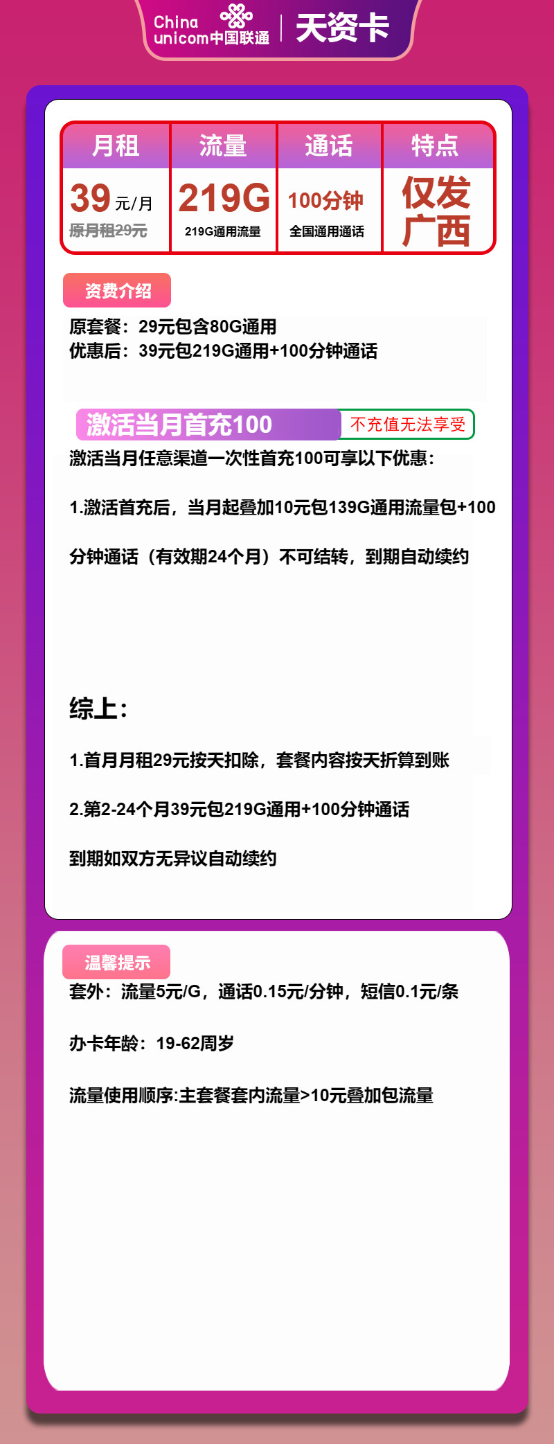 联通天资卡39元/月：219G流量+100分钟通话（长期套餐，仅发广西省内）